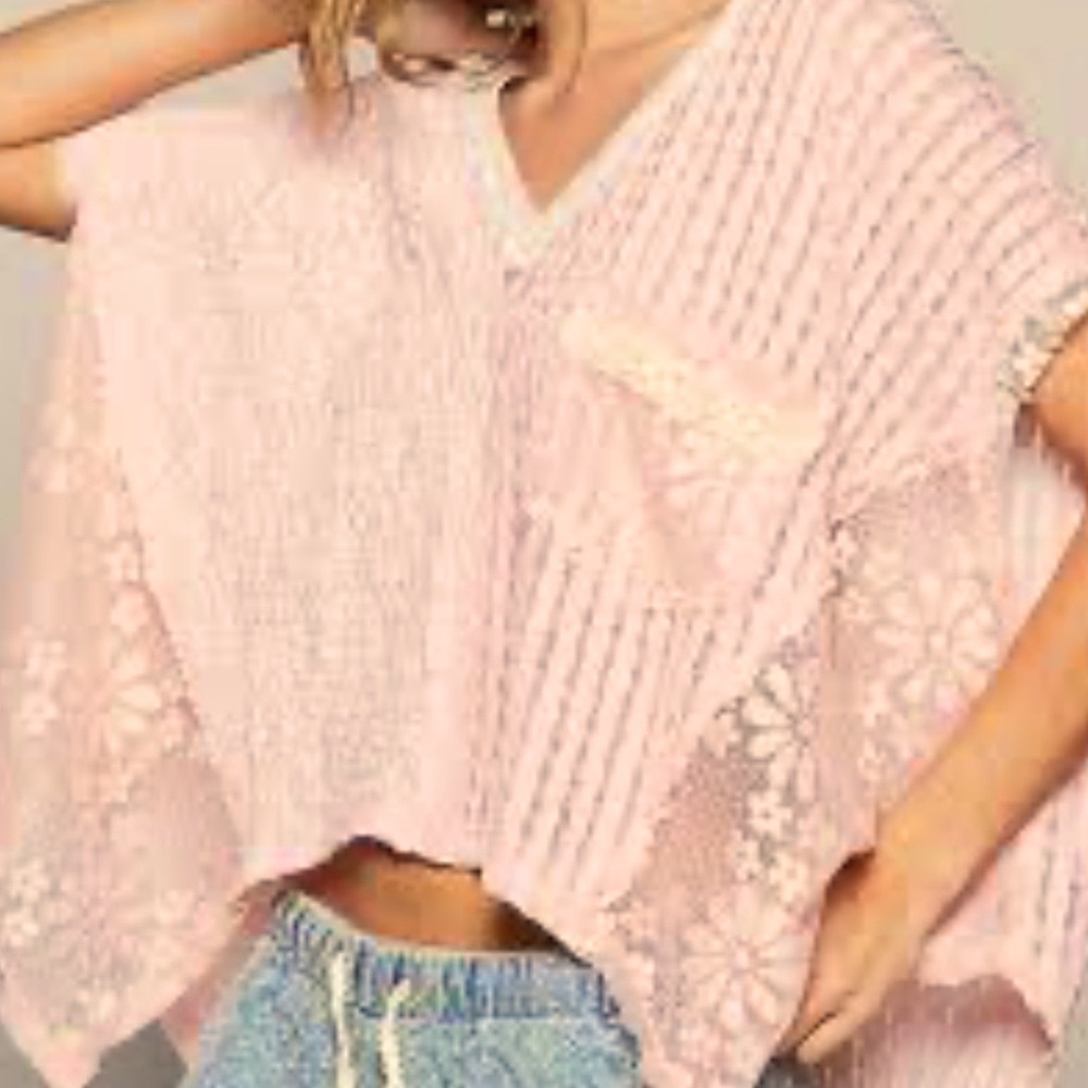 POL Blush Pink Knit & Lace Floral Top- Knit & Lace Mix Floral NEW Large Boutique - Picture 5 of 6